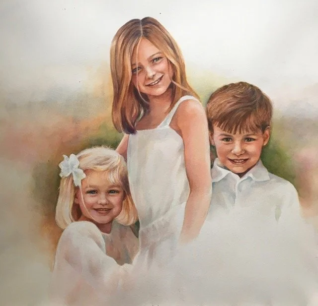 A watercolor portrait of three children, two girls and one boy, smiling and dressed in white. The girl on the left has blonde hair with a white bow, the girl in the middle has shoulder-length reddish hair, and the boy on the right has light brown hai