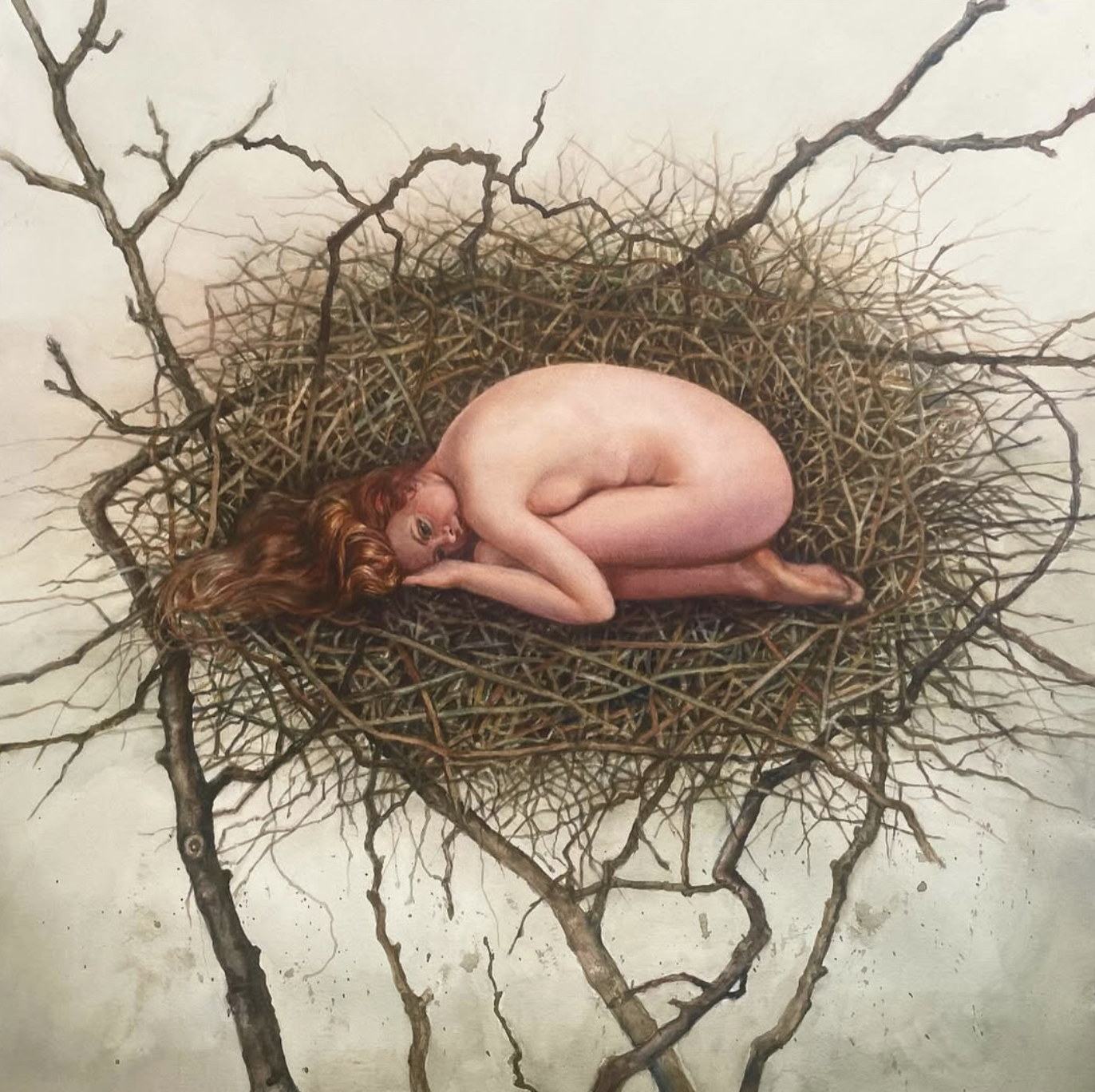 A nude woman with long red hair curled into a fetal position, lying on a bed of intertwined twigs and branches, surrounded by larger branches extending outward, creating a nest-like structure.