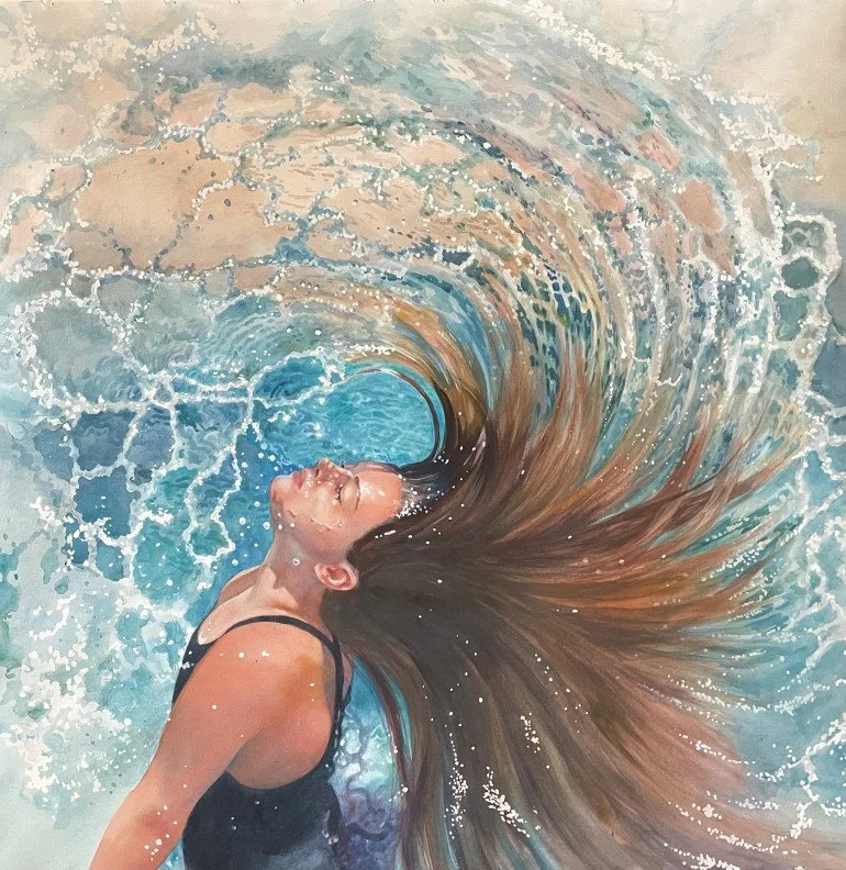 A woman with long brown hair is submerged in water, surrounded by a whirlpool, with her head tilted back and eyes closed.