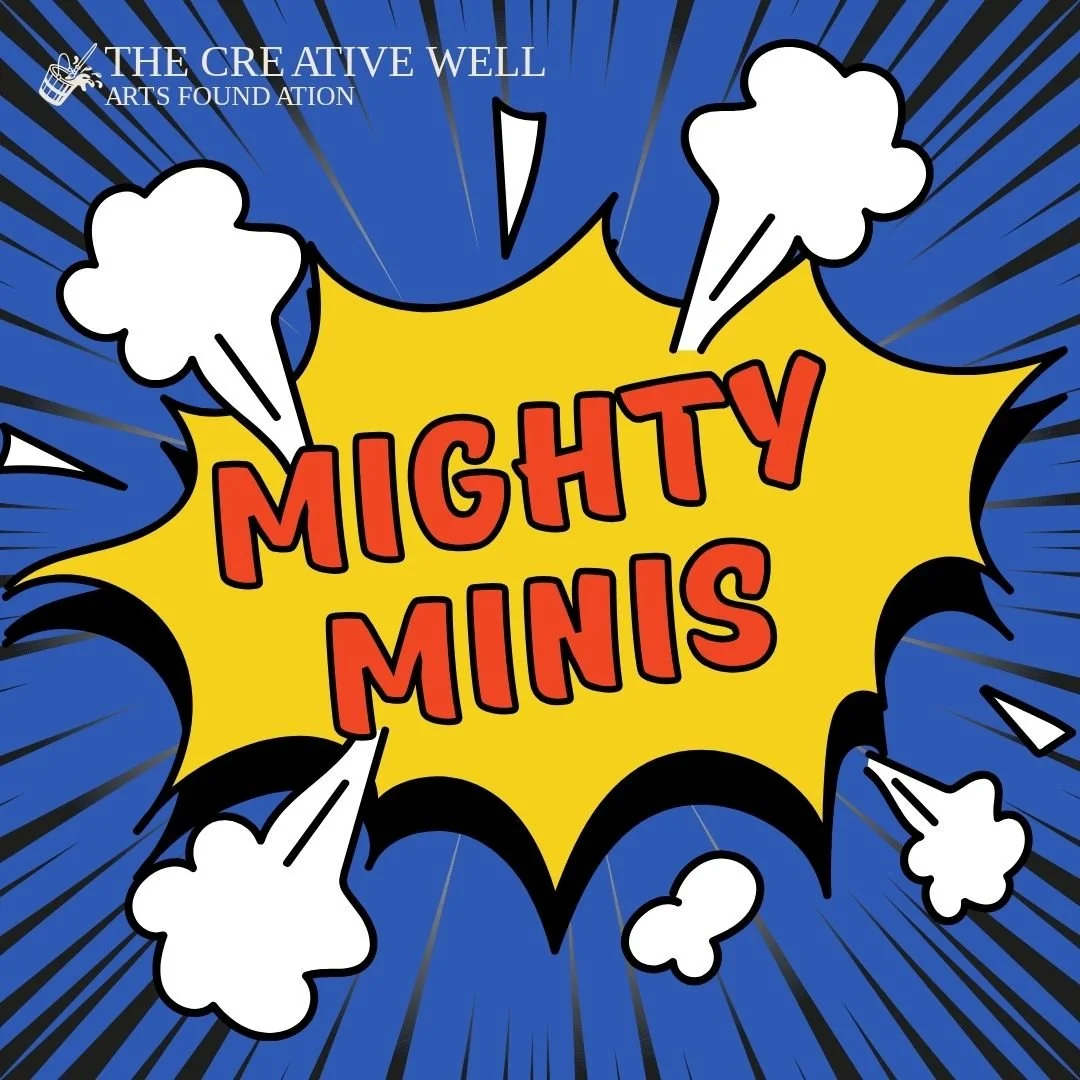 Comic book style graphic with yellow explosion shape and red text that reads 'MIGHTY MINIS', with white cloud-like bursts and blue background with black radial lines.