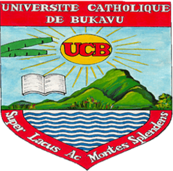 University of Catholicism of Bukavu crest with open book, mountain landscape, water, and sun rays, featuring the Latin motto 'Supera Lagues - AIC Mortes Splendens'.