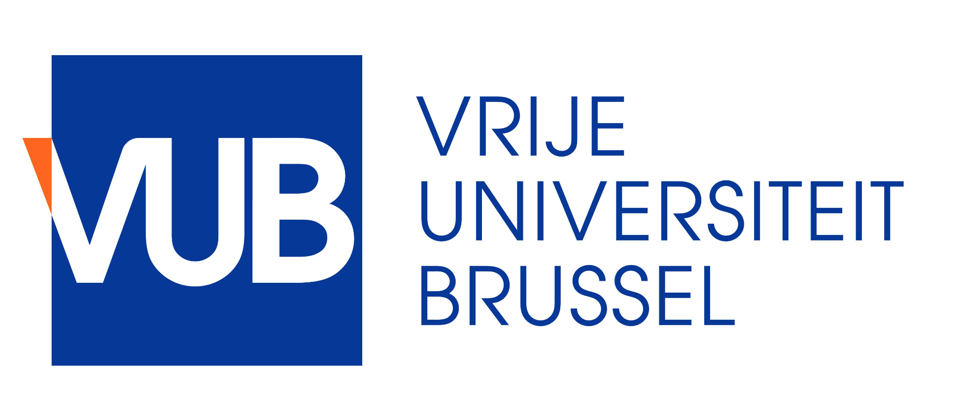 Logo of Vrije Universiteit Brussel featuring a blue square with the white letters MUB and orange design element, with the university's name in blue text to the right.