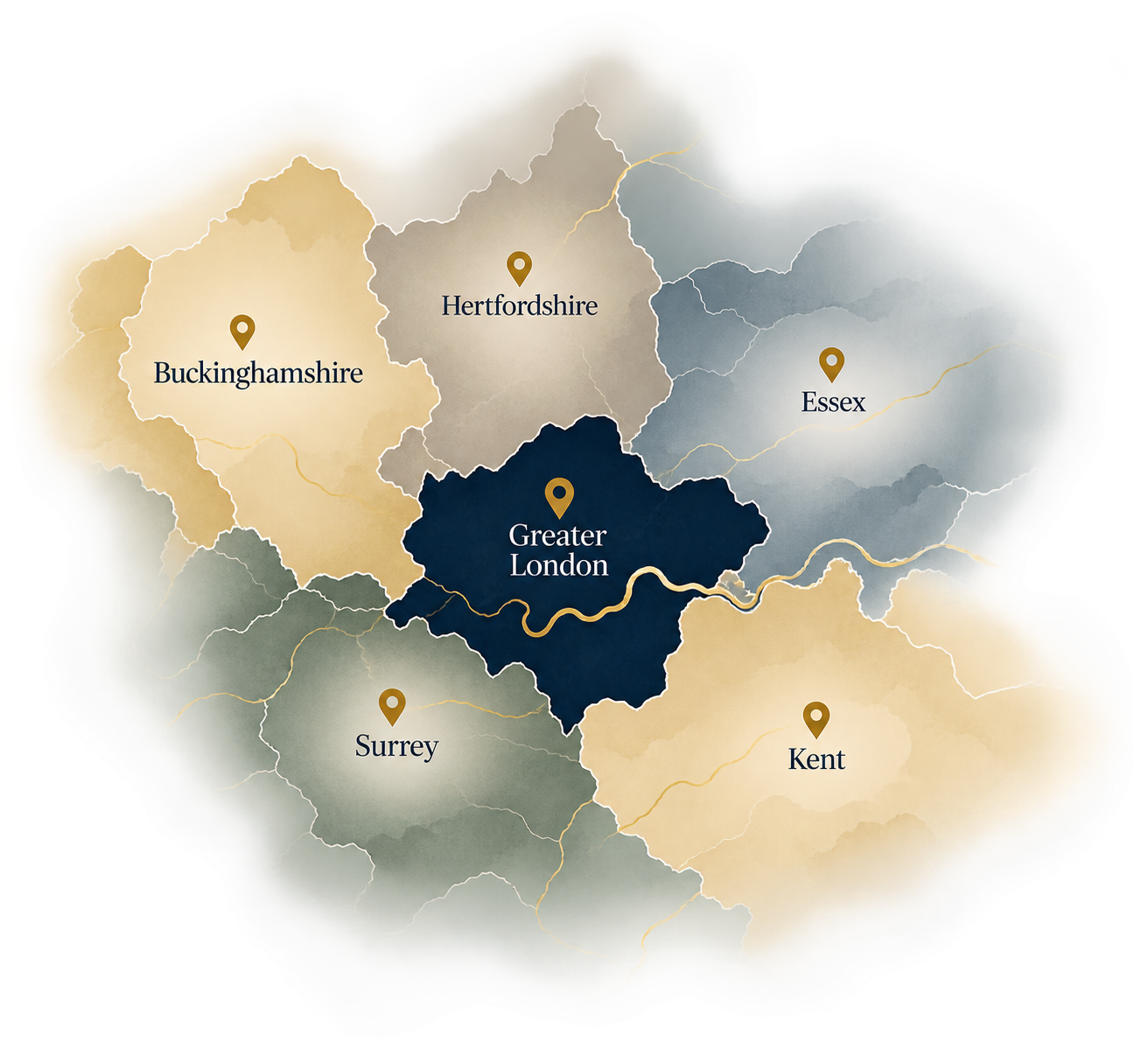Map showing Neurosana Therapies’ neurological physiotherapy service area across London, Buckinghamshire, Hertfordshire, Essex, Surrey and Kent.