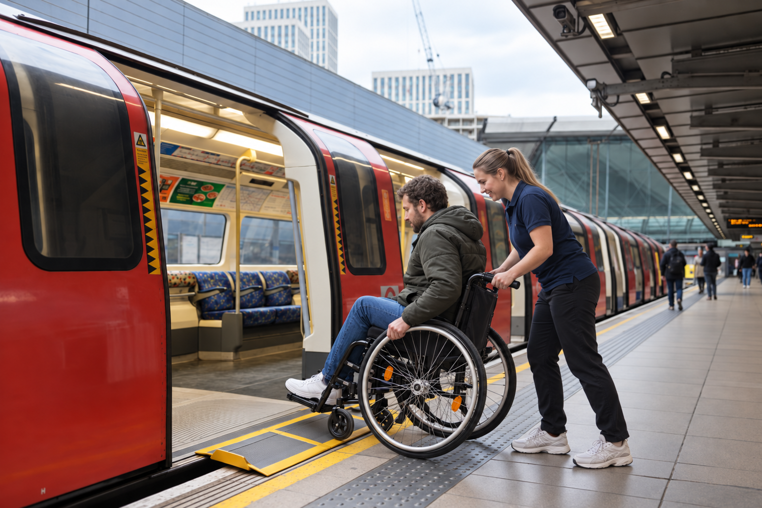 Physiotherapist supporting a wheelchair user to access a train as part of community-based neurological rehabilitation.