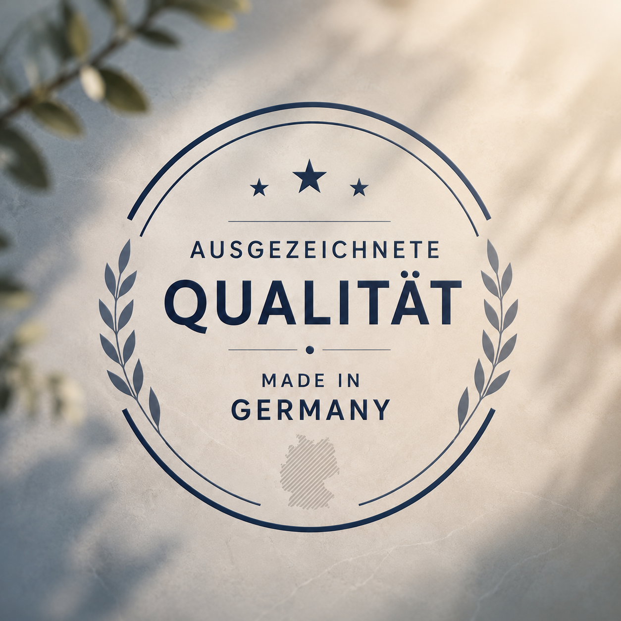 Siegel mit Aufschrift »Ausgezeichnete Qualität, Made in Germany«, umgeben von einem Lorbeerzweig und einer kleinen Deutschlandkarte.