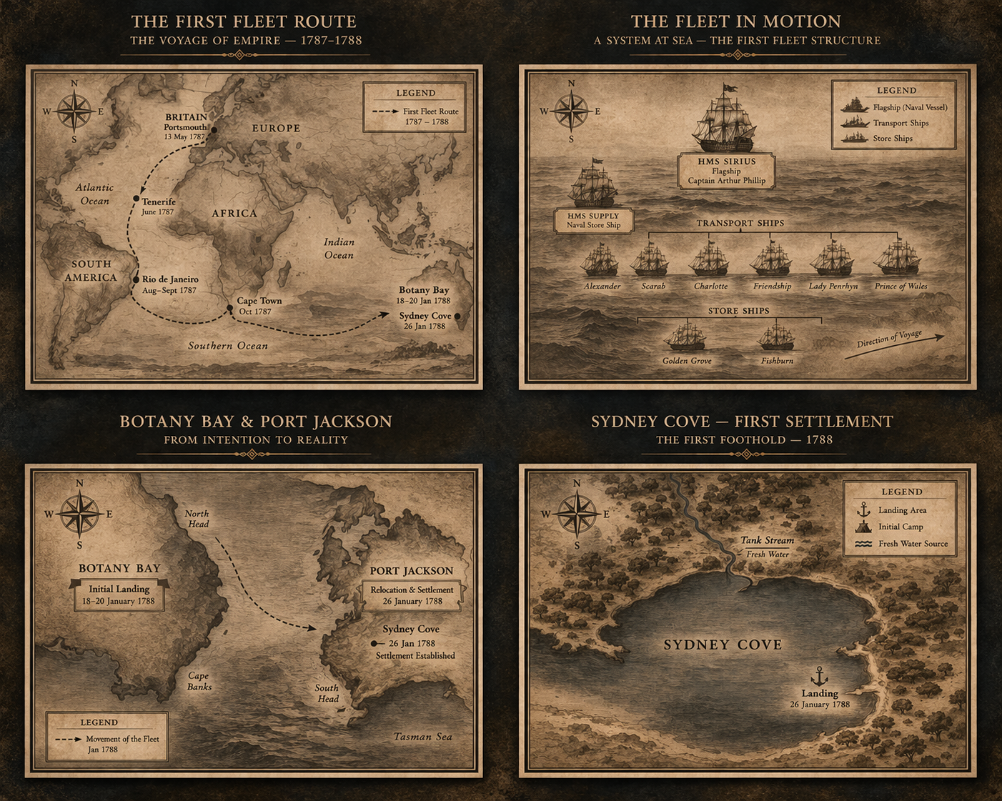 Historical maps and diagrams illustrating the first fleet route, fleet in motion, Botany Bay and Port Jackson, and Sydney Cove first settlement from 1787 to 1788.