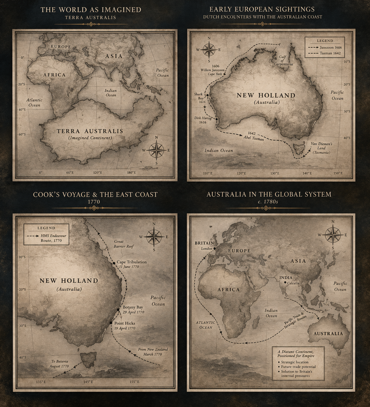 An infographic map showing the imagined continent of Terra Australis and its early European encounters, voyages, and strategic importance. Sections include: a world map with Terra Australis and Asia, Europe, and Africa; a map of early Dutch encounter