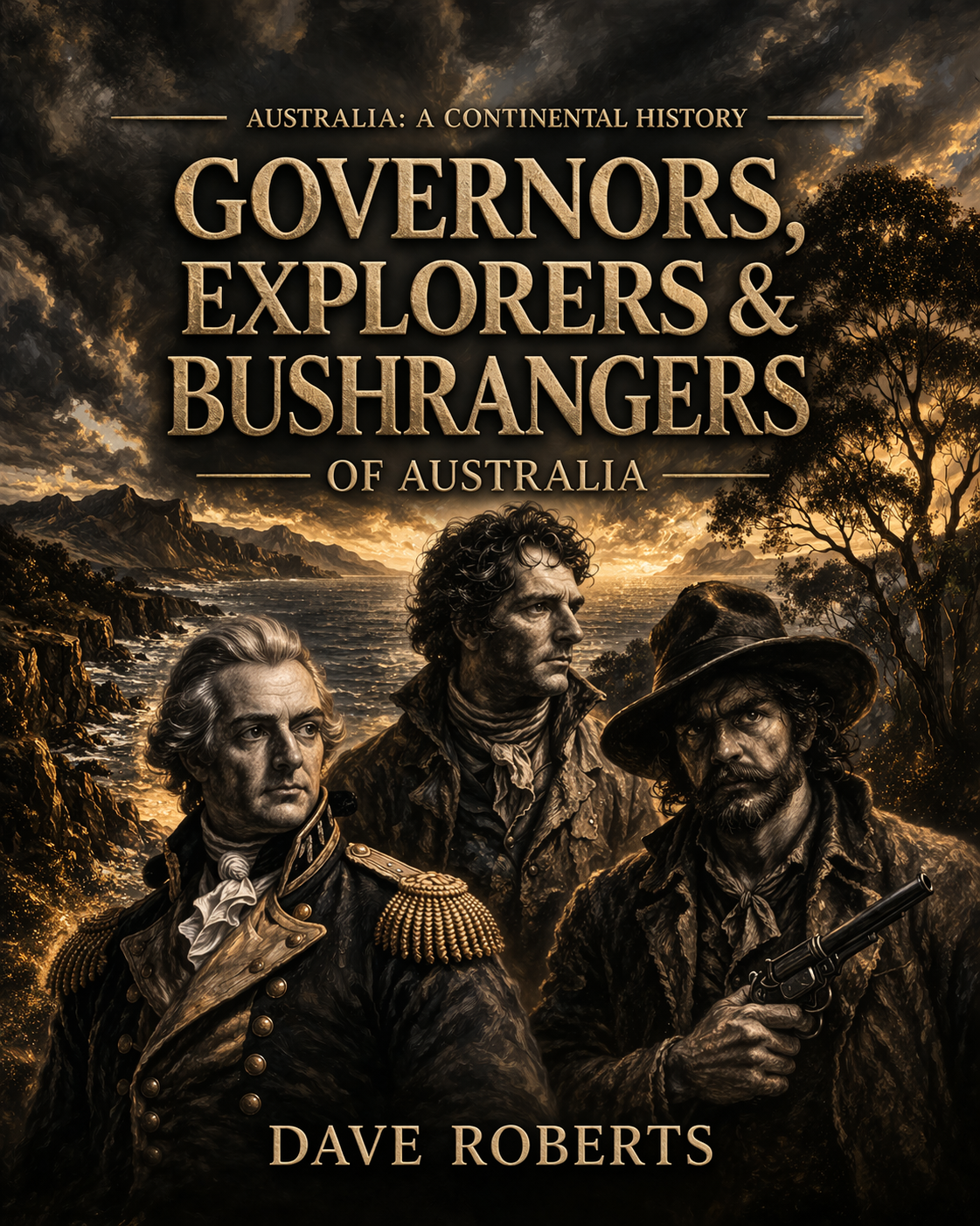 Book cover titled "Governors, Explorers & Bushrangers of Australia" by Dave Roberts. The cover features three historical figures in period clothing, set against a landscape of mountains, ocean, and trees in a sepia tone.