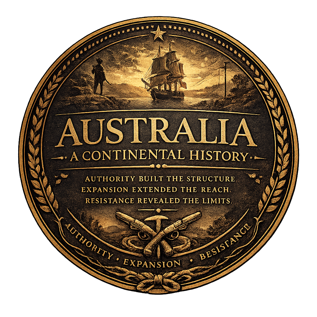 A circular emblem with a gold and black design, featuring a sailing ship, a man on a hill, and the words 'Australia - A Continental History.' It includes phrases about authority, expansion, and resistance, along with a central motif of crossed anchors and a rope.