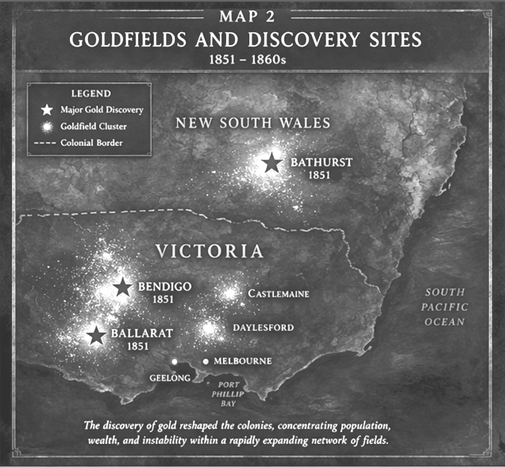 Map of goldfields and discovery sites in New South Wales, Australia, from 1851 to 1860s, showing major gold discoveries at Bathurst in 1851 and in Victoria at Bendigo and Ballarat in 1851 with clusters of goldfields around them. The map includes a le