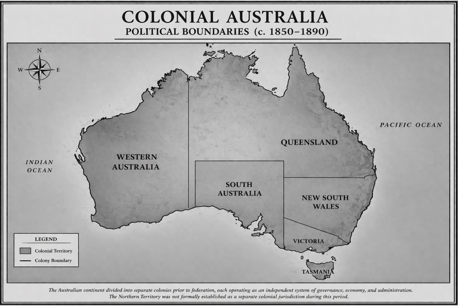 Map of colonial Australia showing political boundaries from around 1850 to 1890, with regions labeled as Western Australia, South Australia, Queensland, New South Wales, Victoria, and Tasmania. Includes a legend indicating colonial territory and colo