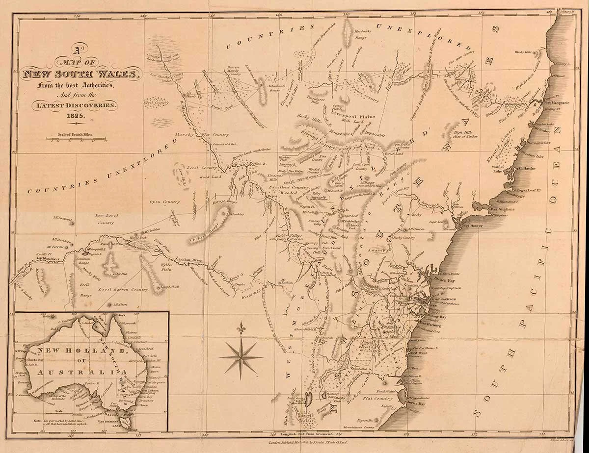 A historical map from 1825 showing the New South Wales region of Australia and surrounding areas, including the coast of the South Pacific Ocean and the inset map of New Holland (Australia). The map illustrates explored rivers, valleys, and mountain 