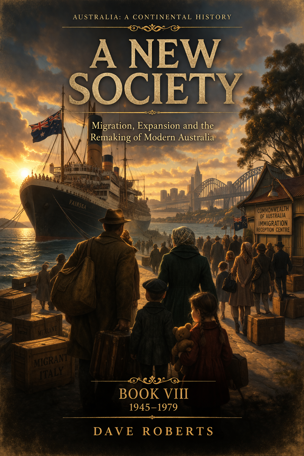 Cover of a history book titled "Australia: A Continental History, A New Society, Migration, Expansion and the Remaking of Modern Australia," with a scene of migrants arriving by ship at dawn, with people carrying luggage and a sign reading "Commonwealth of Australia Immigration Reception Centre."