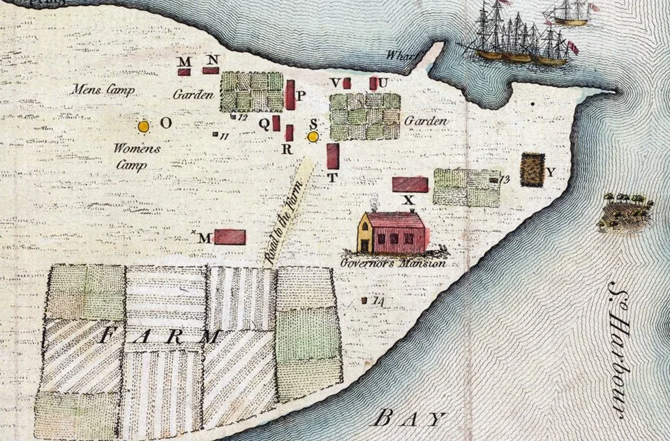 Historical map of a coastal area with farms, buildings, and a harbor with ships, labeled with various locations and features.