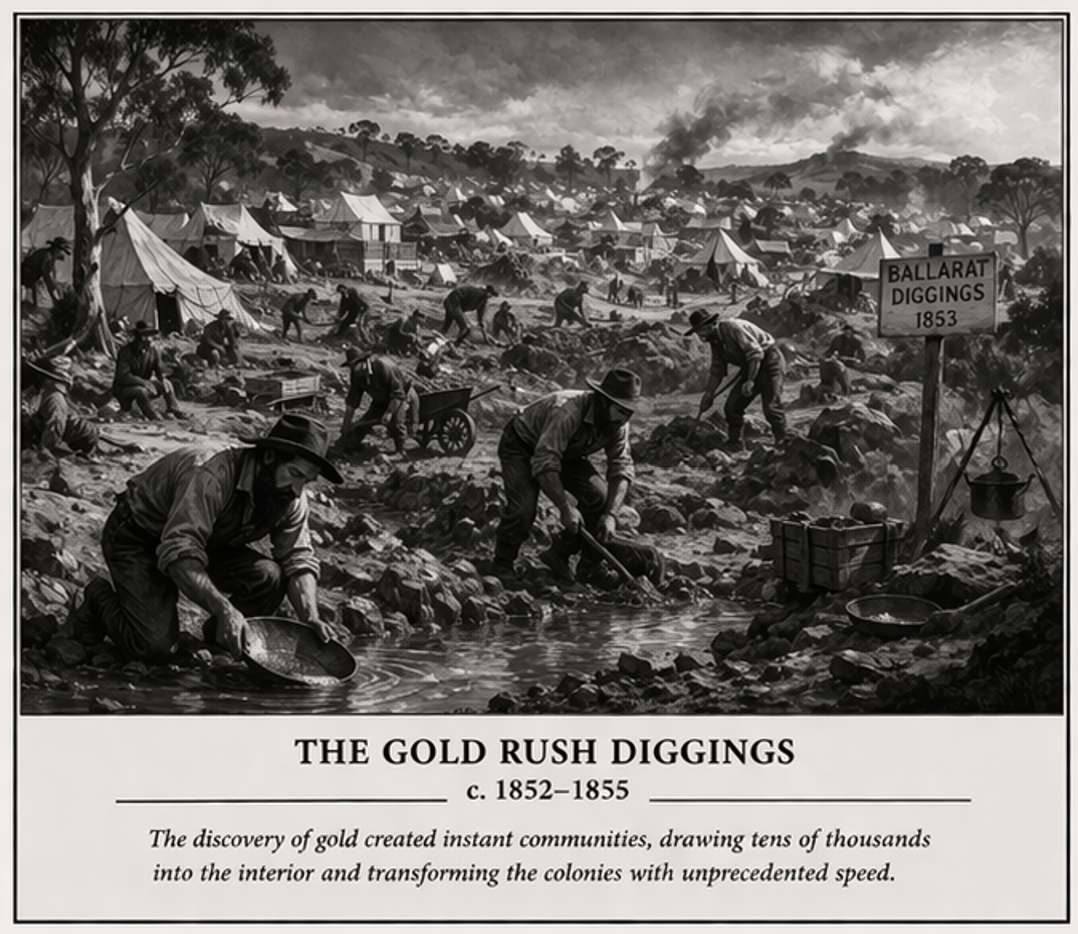 Black and white illustration of gold prospectors digging in a creek during the Australian gold rush, with tents and a sign reading 'Ballarat Diggings 1853' in the background.
