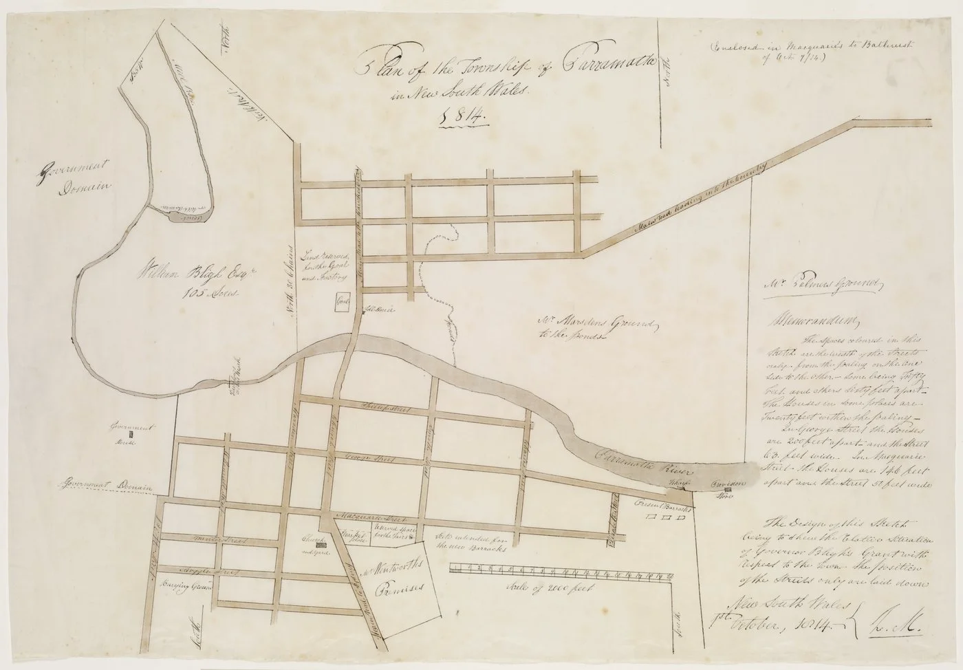 Hand-drawn map of the township of Carwaramatta in New South Wales from 1814, showing roads, land divisions, rivers, and surrounding landmarks.