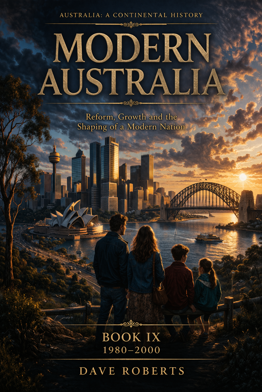 Book cover titled "Modern Australia" showing a city skyline of Sydney at sunset with the Sydney Opera House and Harbour Bridge, and four people sitting on a hill observing the view.