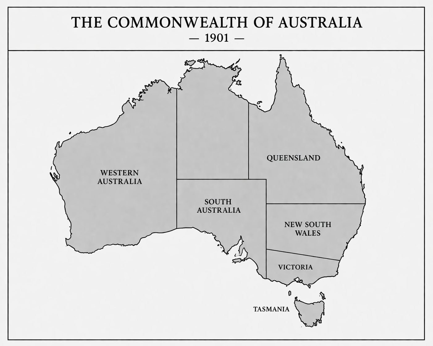 Map of Australia in 1901 showing the states of Western Australia, South Australia, Queensland, New South Wales, Victoria, Tasmania, and the territory of New South Wales.