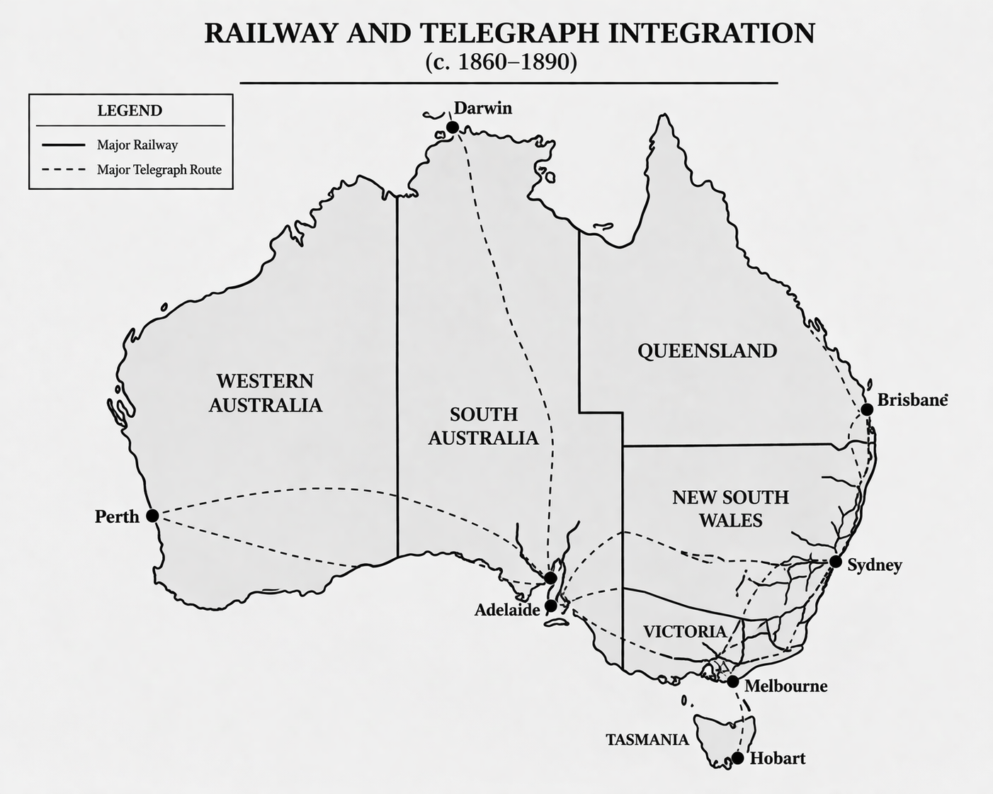 Map of Australia showing railway and telegraph routes between major cities from 1860 to 1890, with a legend indicating major railway lines and telegraph routes.