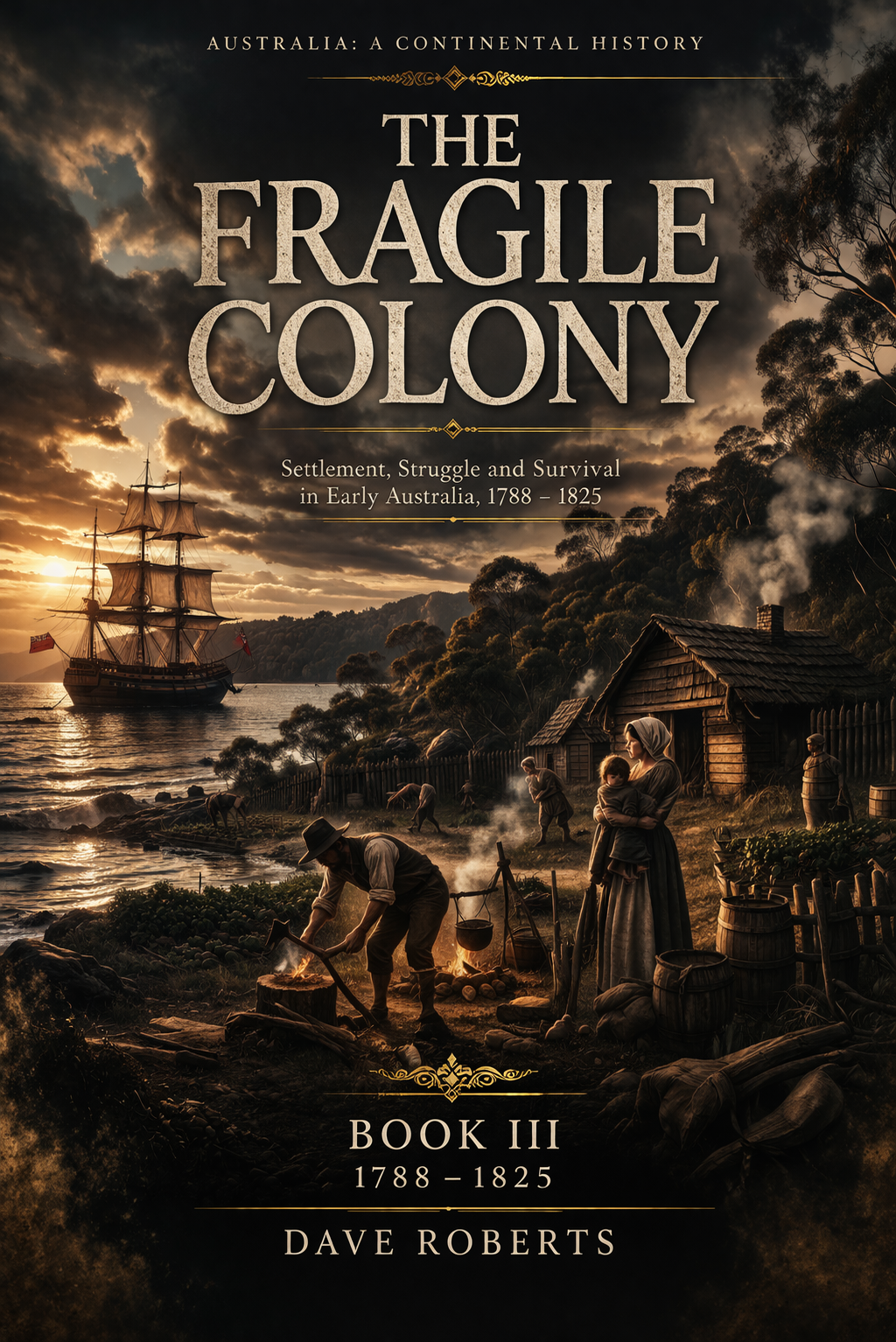 Book cover titled 'The Fragile Colony: Settlement, Struggle and Survival in Early Australia 1788-1825' by Dave Roberts. Features a historical scene with people working near a small wooden house, a sailing ship in the water, and a sunset sky with dark clouds.