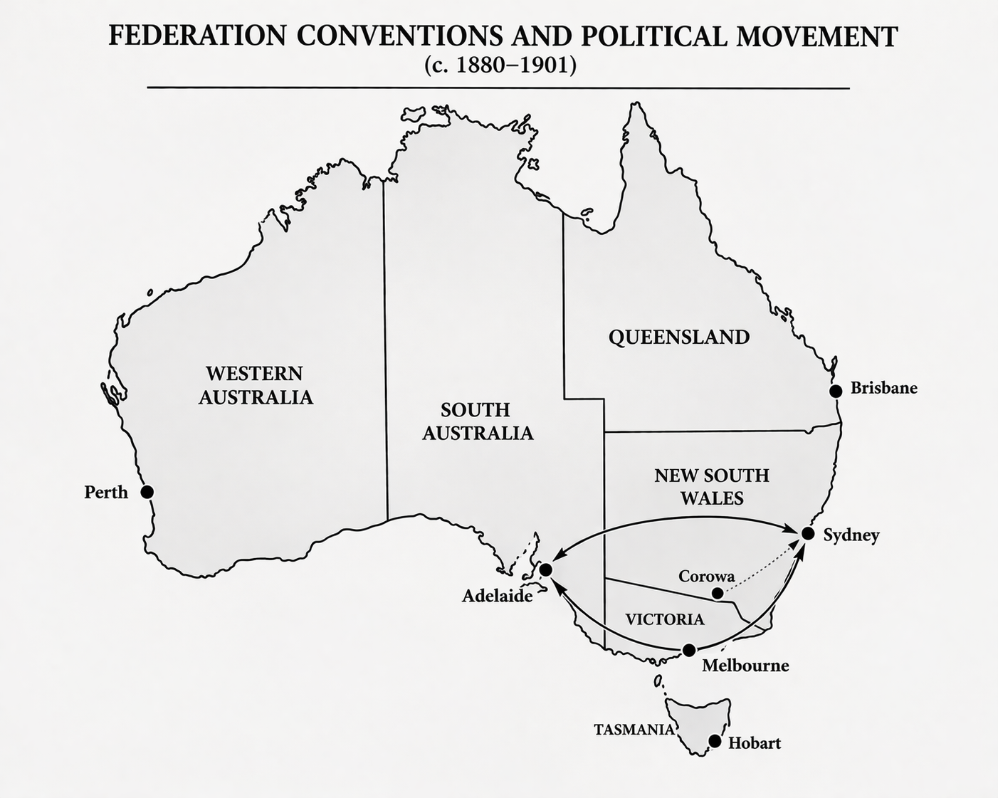Map of Australia showing federation conventions and political movement from 1880-1901. States labeled include Western Australia with Perth, South Australia with Adelaide, Queensland with Brisbane, New South Wales with Sydney, Victoria with Melbourne,