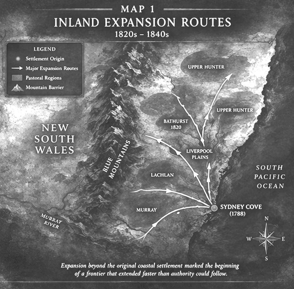 Black and white map of inland expansion routes in New South Wales from 1820 to 1840, showing various routes from Sydney Cove to regions like Bathurst and the Upper Hunter, with a legend indicating settlement origin, major routes, pastoral regions, an
