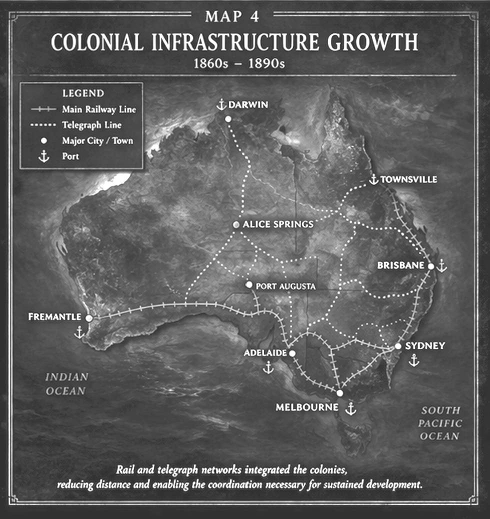 Map of Australian colonial infrastructure growth from the 1860s to 1890s, showing railway and telegraph lines connecting major cities such as Sydney, Melbourne, Brisbane, Adelaide, and Fremantle, with ports marked at major locations. The map includes