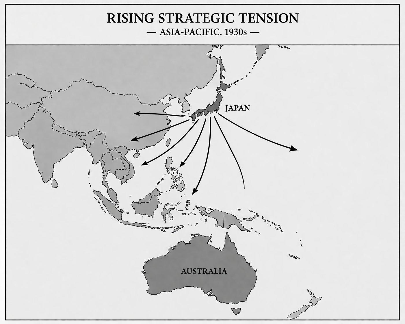 Map of Asia-Pacific in the 1930s showing rising strategic tension with arrows pointing from Japan to surrounding countries, including China, Southeast Asia, Australia, and the Pacific Ocean.