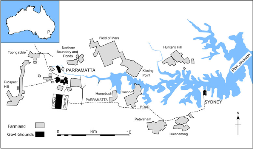 Map of the Sydney metropolitan area showing suburbs, farmland, government grounds, and locations like Parramatta, Port Jackson, and nearby towns.