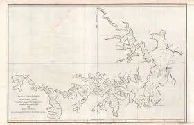 Line drawing of a river or waterway with surrounding landscape.