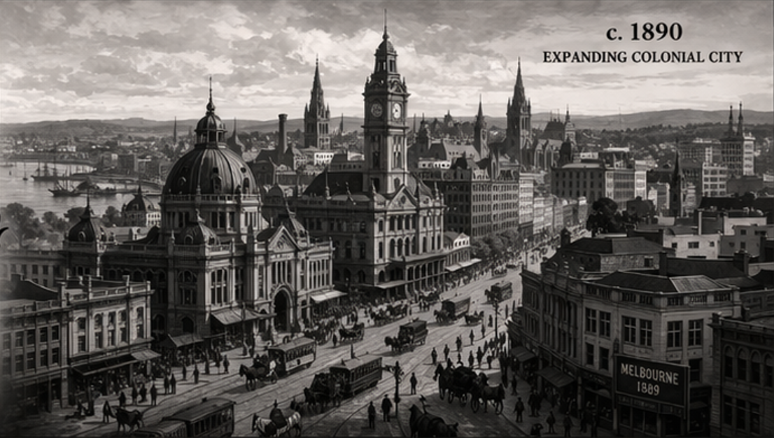 Historical black and white illustration of colonial Melbourne around 1890, showing horse-drawn carriages, busy streets, and prominent buildings and churches with a river in the background.