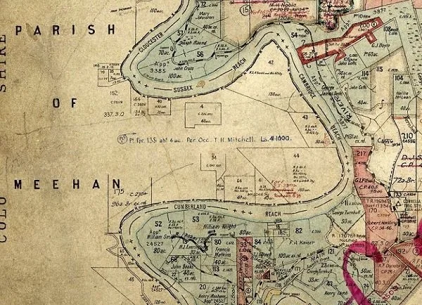 Detailed map showing property plots, roads, and natural features in the Parish of Meehan, including labeled landmarks and boundaries.