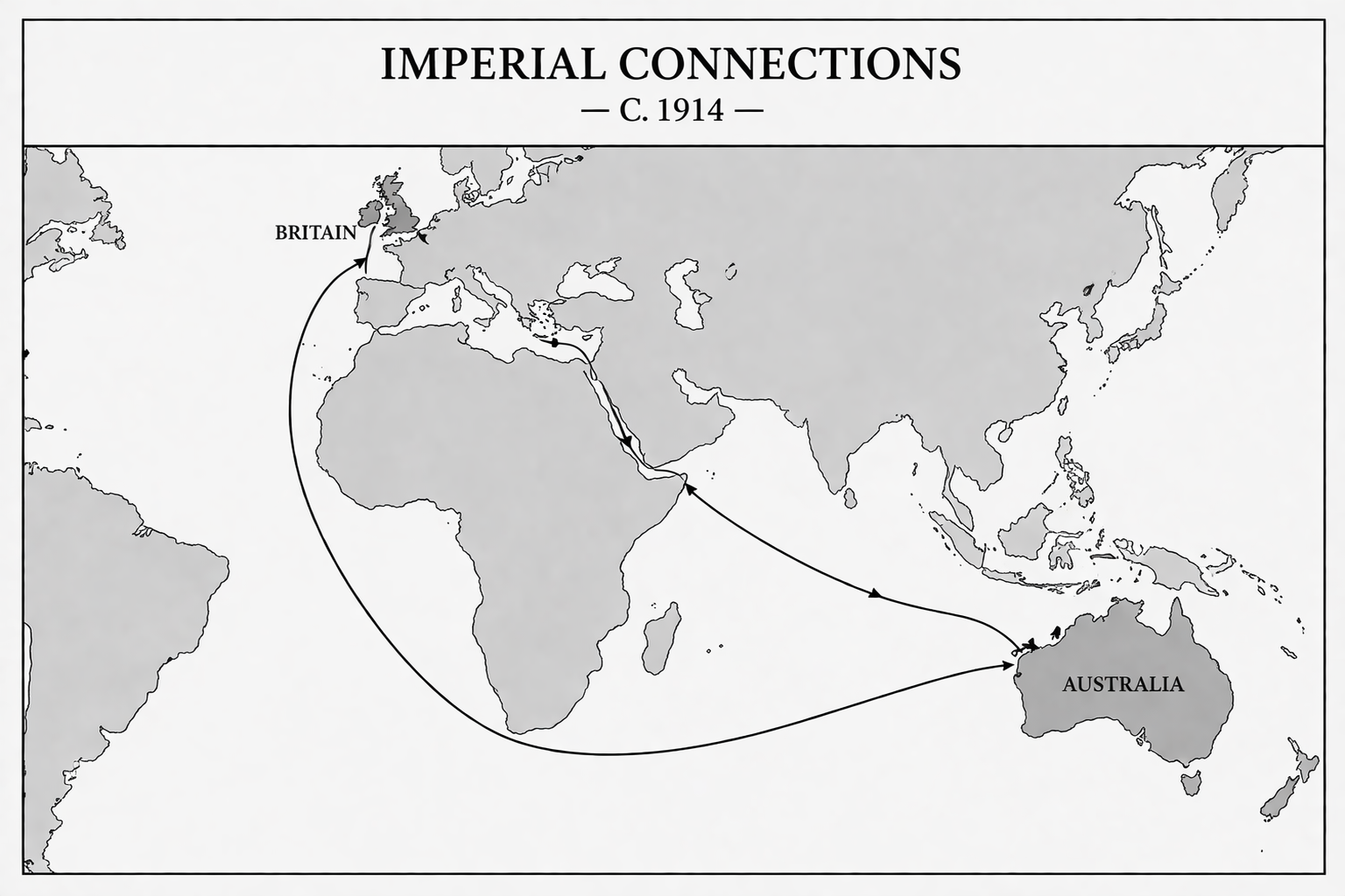 Map showing imperial connections in 1914 with routes from Britain to the Middle East and Australia.
