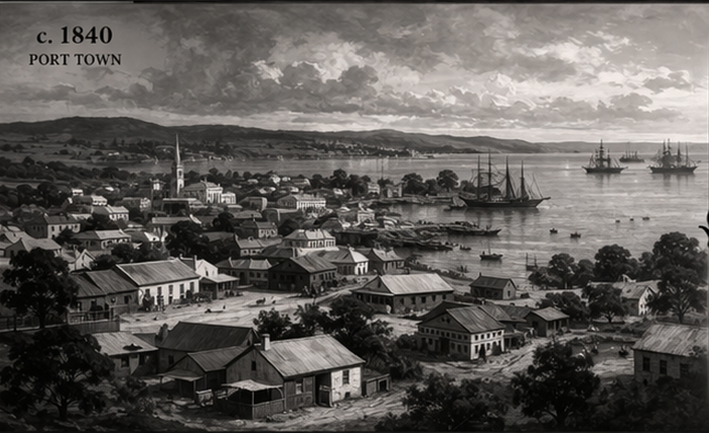 A black and white illustration of Port Townsend in 1840, featuring a coastal town with numerous houses, a church with a tall steeple, and several ships anchored in the harbor with rolling hills in the background.