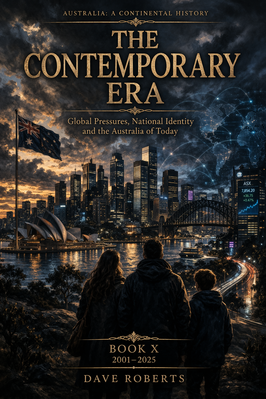 Book cover titled "Australia: A Continental History - The Contemporary Era" by Dave Roberts. The cover features a city skyline of Sydney with the Sydney Opera House and Harbour Bridge, the Australian flag, and a view of three people in the foreground watching the city at dusk with dark clouds overhead and a digital world map with network connections in the background.
