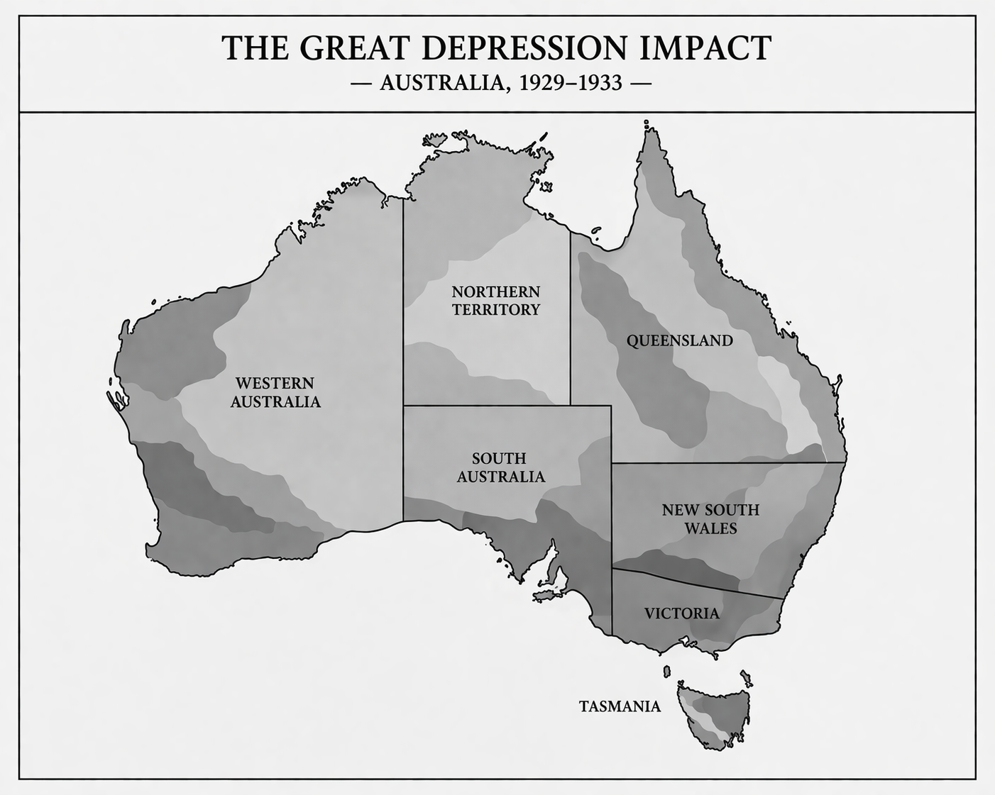 Map of Australia showing regions affected by the Great Depression from 1929 to 1933, including Western Australia, Northern Territory, Queensland, South Australia, Victoria, Tasmania, New South Wales.