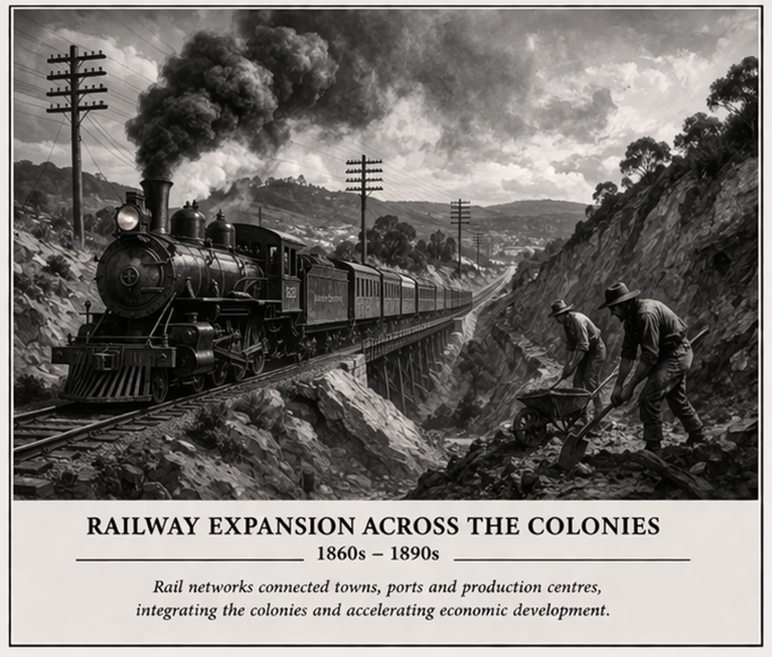 Black and white illustration of a steam locomotive train moving through a hilly landscape with power lines, while two workers with hats shovel rocks on the tracks. The caption reads 'Railway Expansion Across the Colonies 1860s - 1890s,' emphasizing r