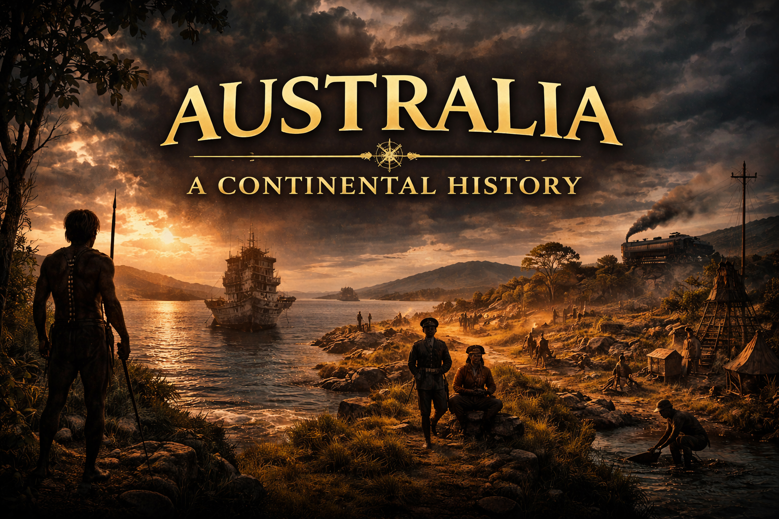Digital artwork featuring a historical scene of Australia with a sunset over a river, ships, and people in period clothing engaged in various activities.