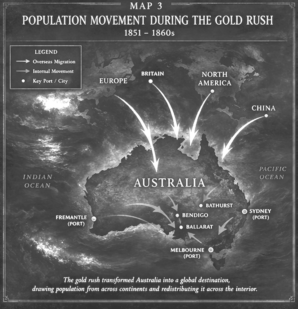Map showing population movement during the gold rush from 1851 to 1860, with arrows indicating overseas migration from Europe, Britain, North America, and China to Australia, and internal movement between key Australian cities including Melbourne, Sy