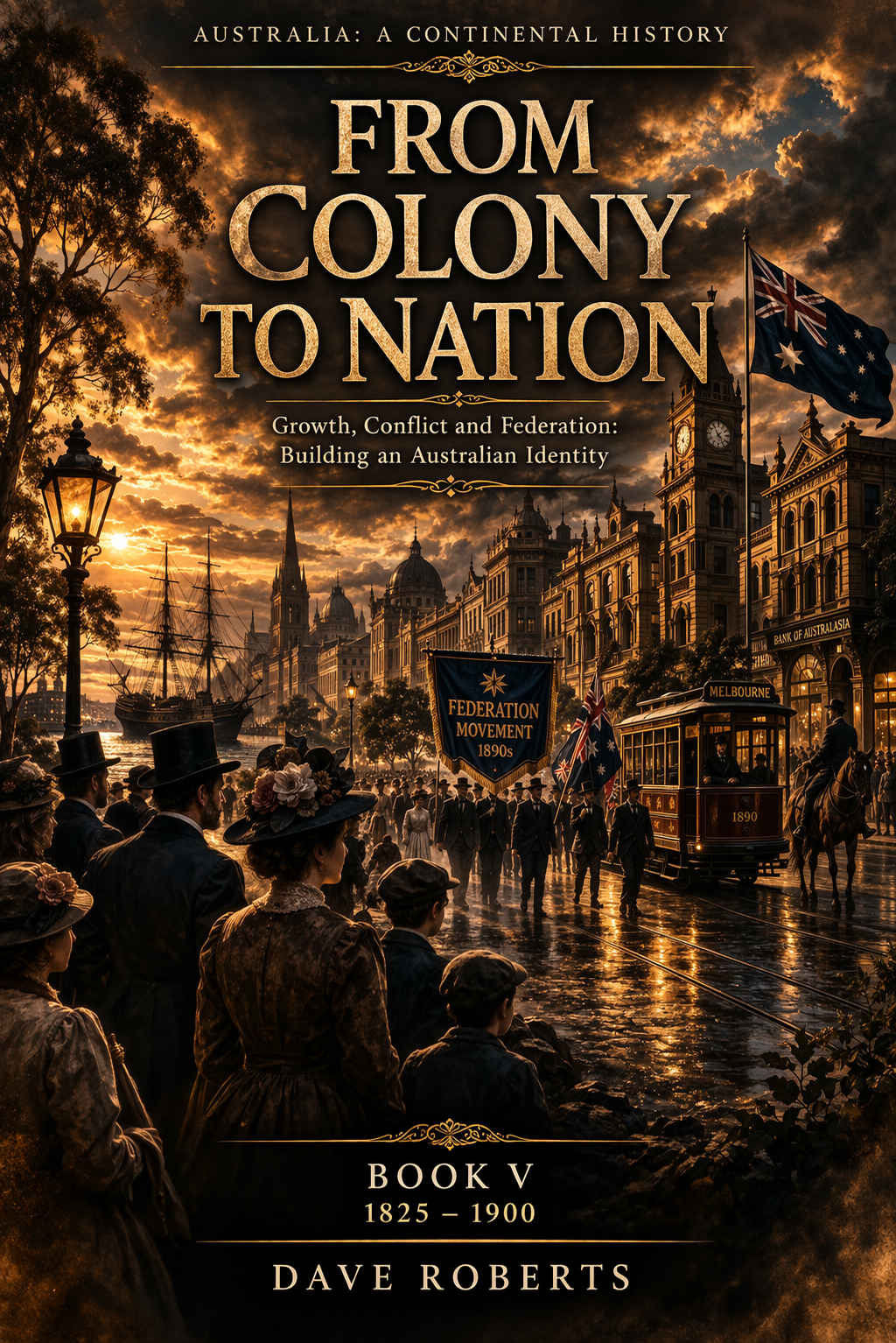 Historical scene at sunset of people in 19th-century clothing in Melbourne, Australia, with vintage tram, flags, and ornate buildings showing Federation movement in 1890s.