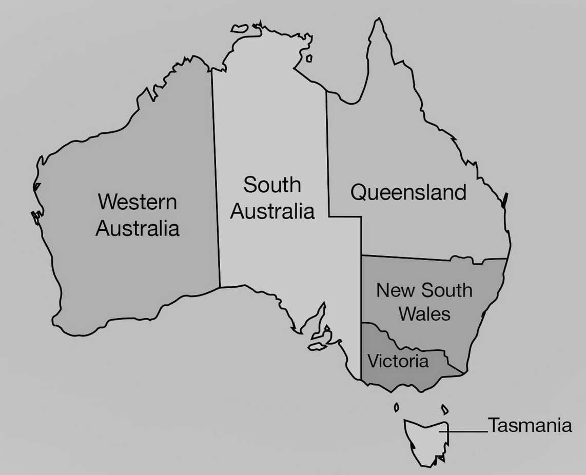 Outline map of Australia showing its states and territories labeled as Western Australia, South Australia, Queensland, New South Wales, Victoria, Tasmania, and an unlabeled Northern Territory.