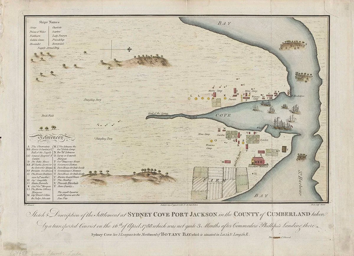 A historical map of Sydney Cove, Port Jackson, showing ships, land, and settlement layout from 1788.