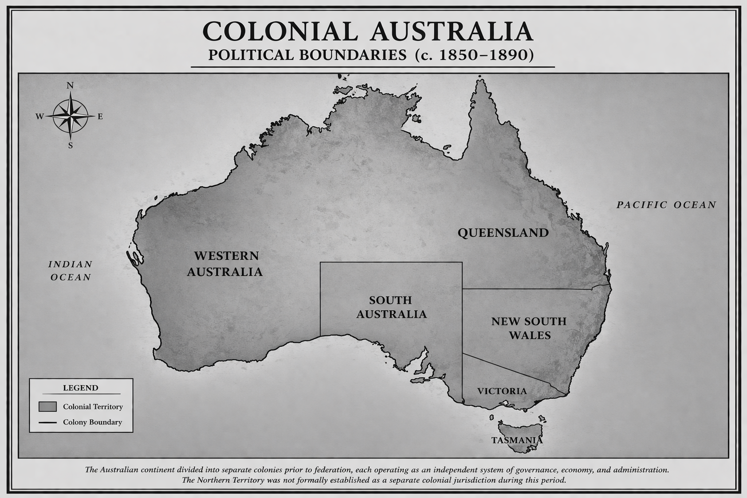 Map of colonial Australia showing political boundaries around 1850 to 1890, with labeled regions including Western Australia, South Australia, Queensland, New South Wales, Victoria, and Tasmania, and the surrounding Indian and Pacific Oceans.