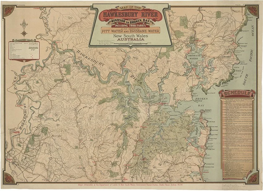 Historical map of the Hawkesbury River from Windsor to Broken Bay in New South Wales, Australia, showing tributaries, water stops, and travel schedule details.
