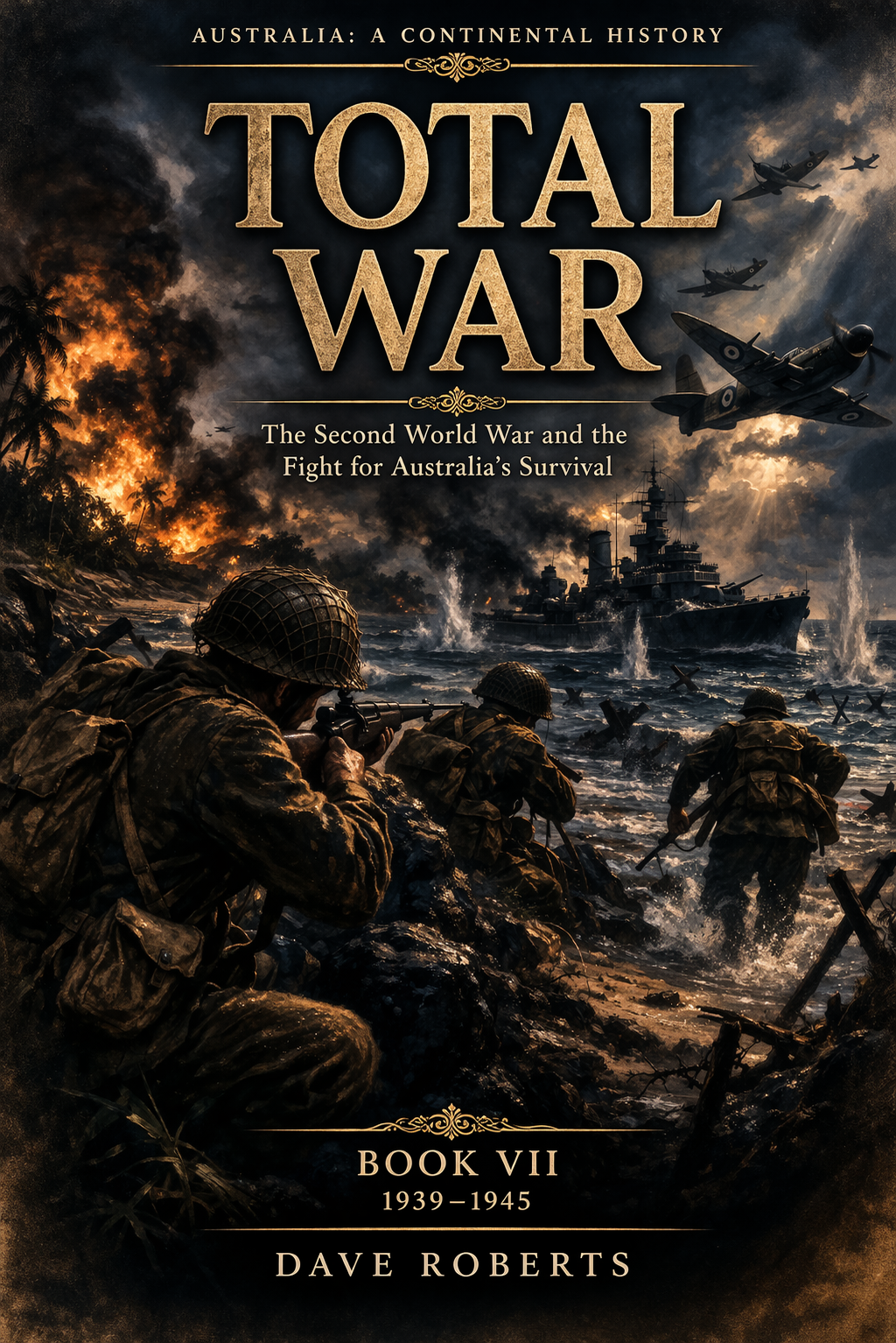 Cover of a history book titled 'Total War: Australia: A Continental History, Book VII, 1939-1945' by Dave Roberts. It depicts a WWII scene with soldiers on a beach, planes flying overhead, a warship approaching, and a background of smoke, fire, and stormy skies.