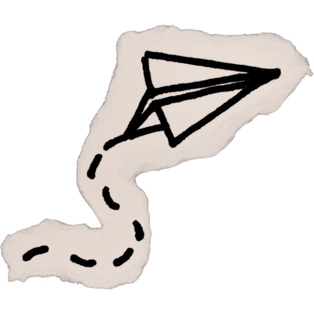 Hand-drawn paper airplane with a dotted flight path on paper background.