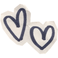 Two white paper cutouts with hand-drawn dark blue hearts.