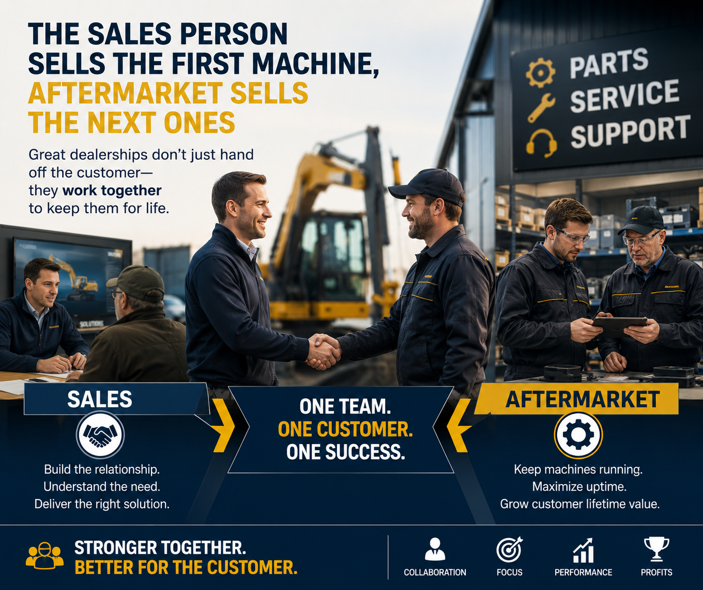 The salesperson sells the first machine, aftermarket sells the next ones