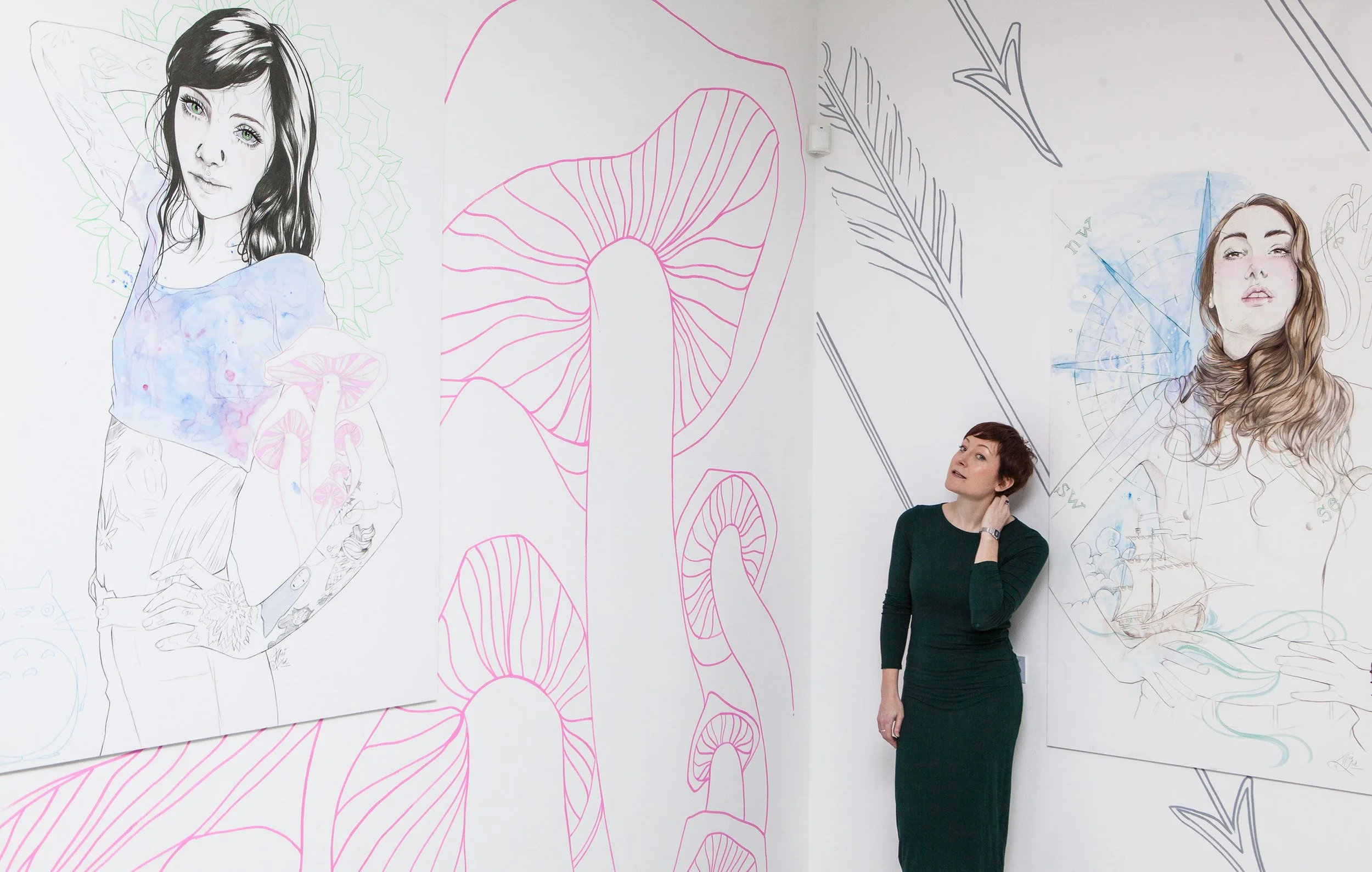 Large-scale mural installation by Joanna Henly exhibited during solo show featuring hand-drawn contemporary figurative artwork.