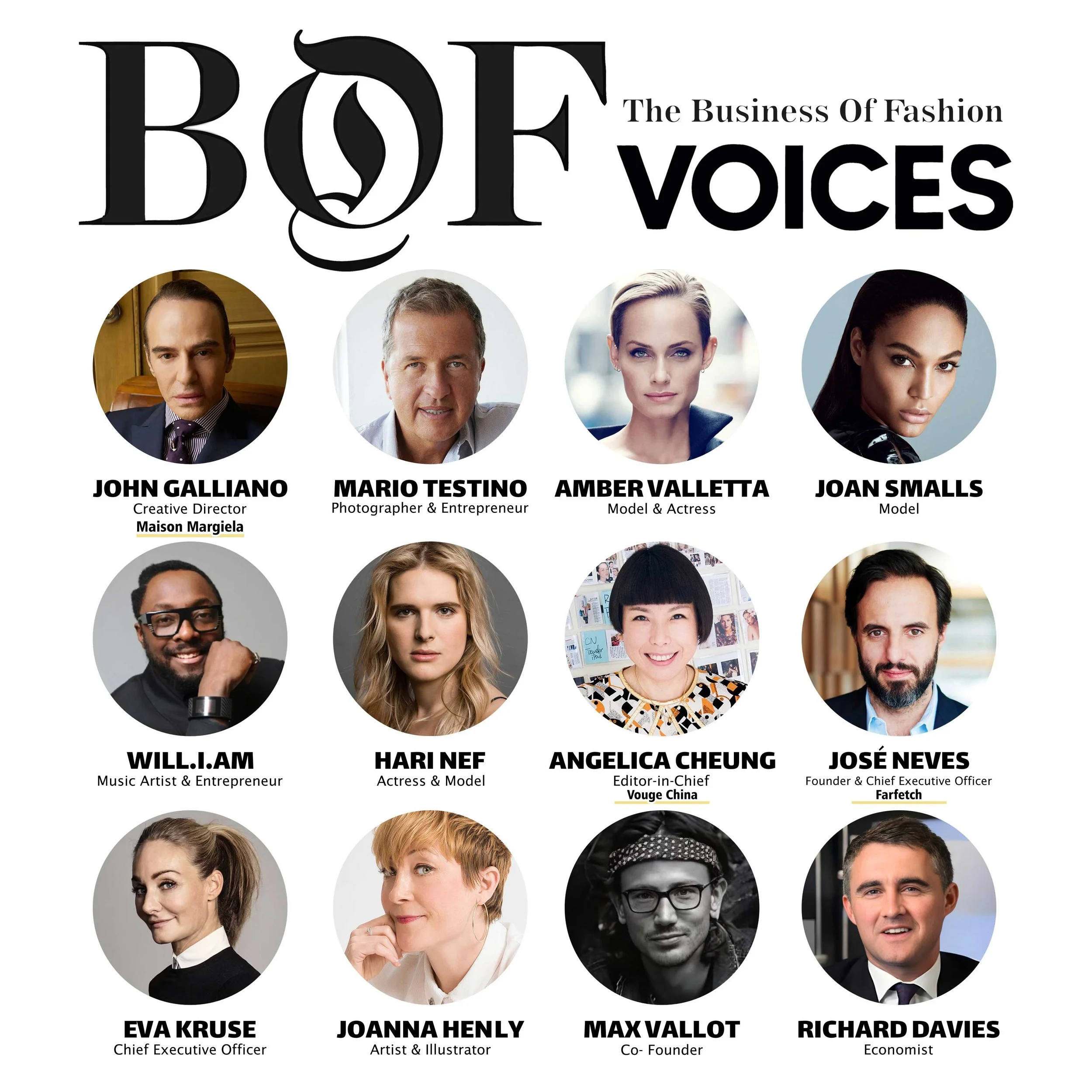 Business of Fashion VOICES conference artwork featuring Joanna Henly alongside international creative industry speakers.